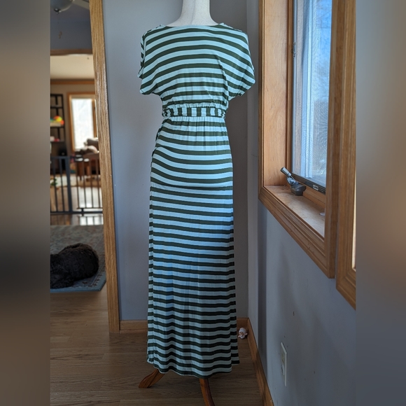 Merona Green Stripe Short Sleeve Maxi Dress Belt Stretch Women's Size Small - Picture 3 of 8
